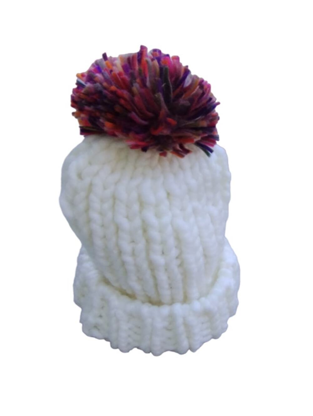 Marc and Mel Chunky Knit Winter Hat - Beanie with multicolor Pompom - White o/s